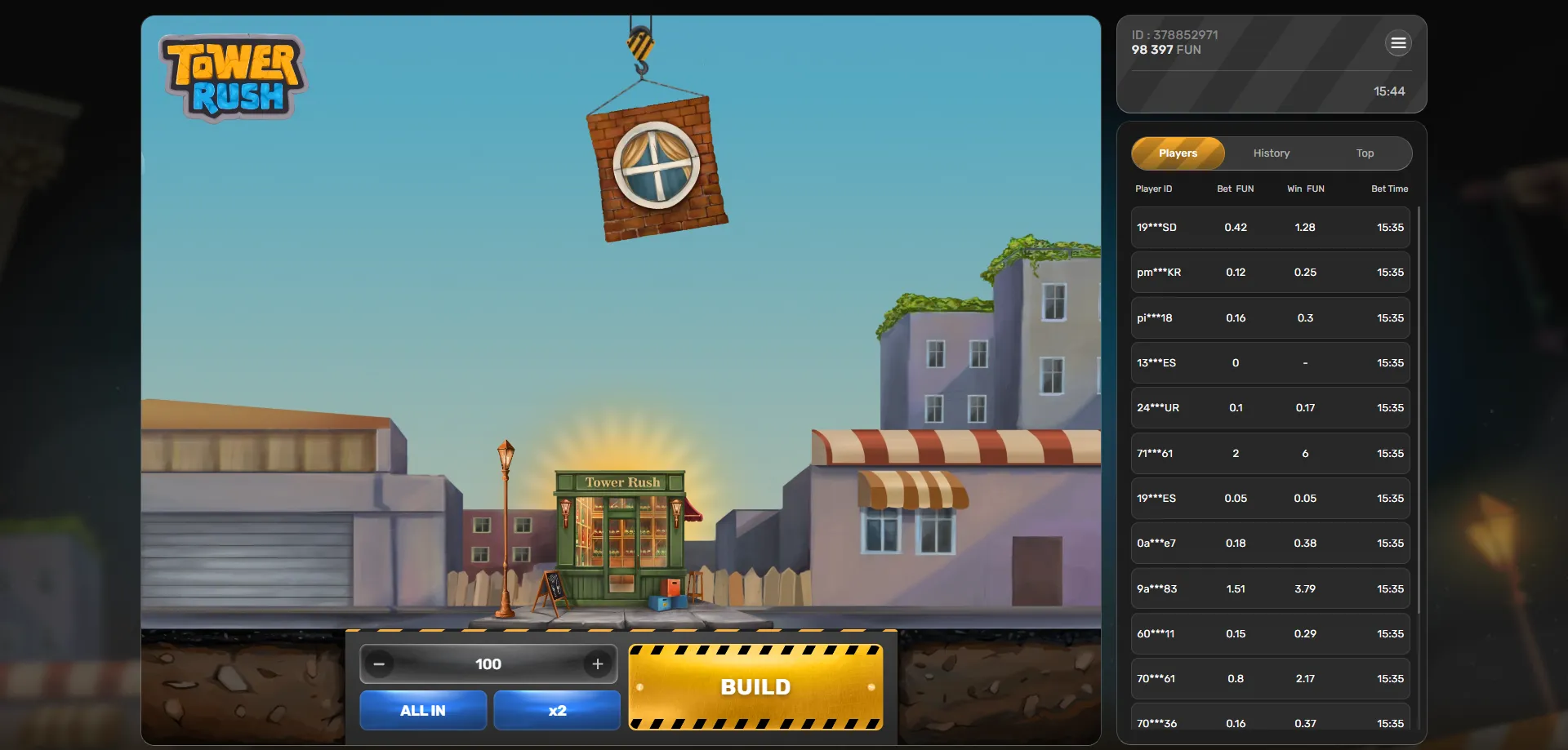 Tower Rush crash game mechanics — multiplier rising in real time